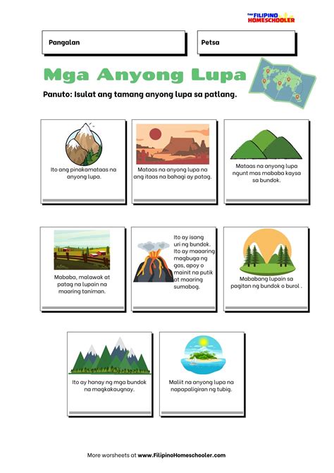 Anyong lupa at anyong tubig worksheet
